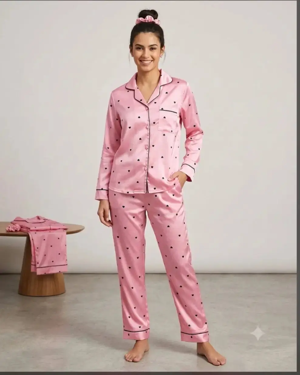 2 pcs women’s stitched silk printed night suit — photo 5