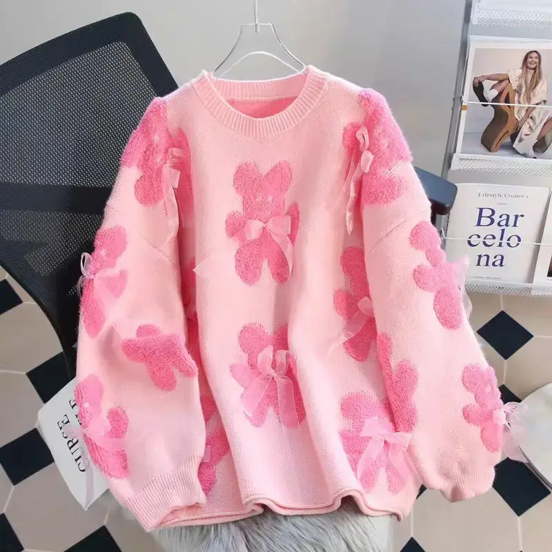 Winter Korean style floral knit pullover for women — photo 3