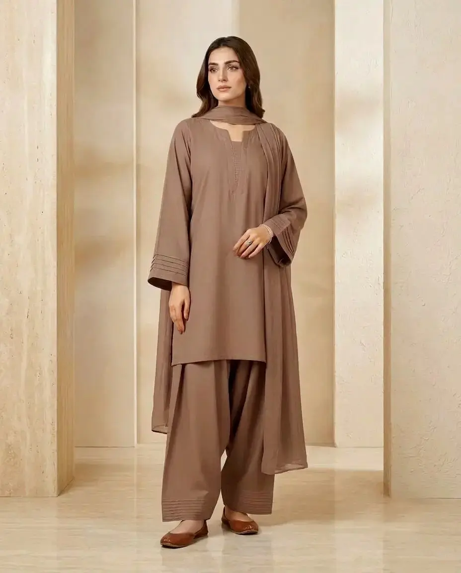 3 pcs women’s stitched cotton plain suit in Lahore