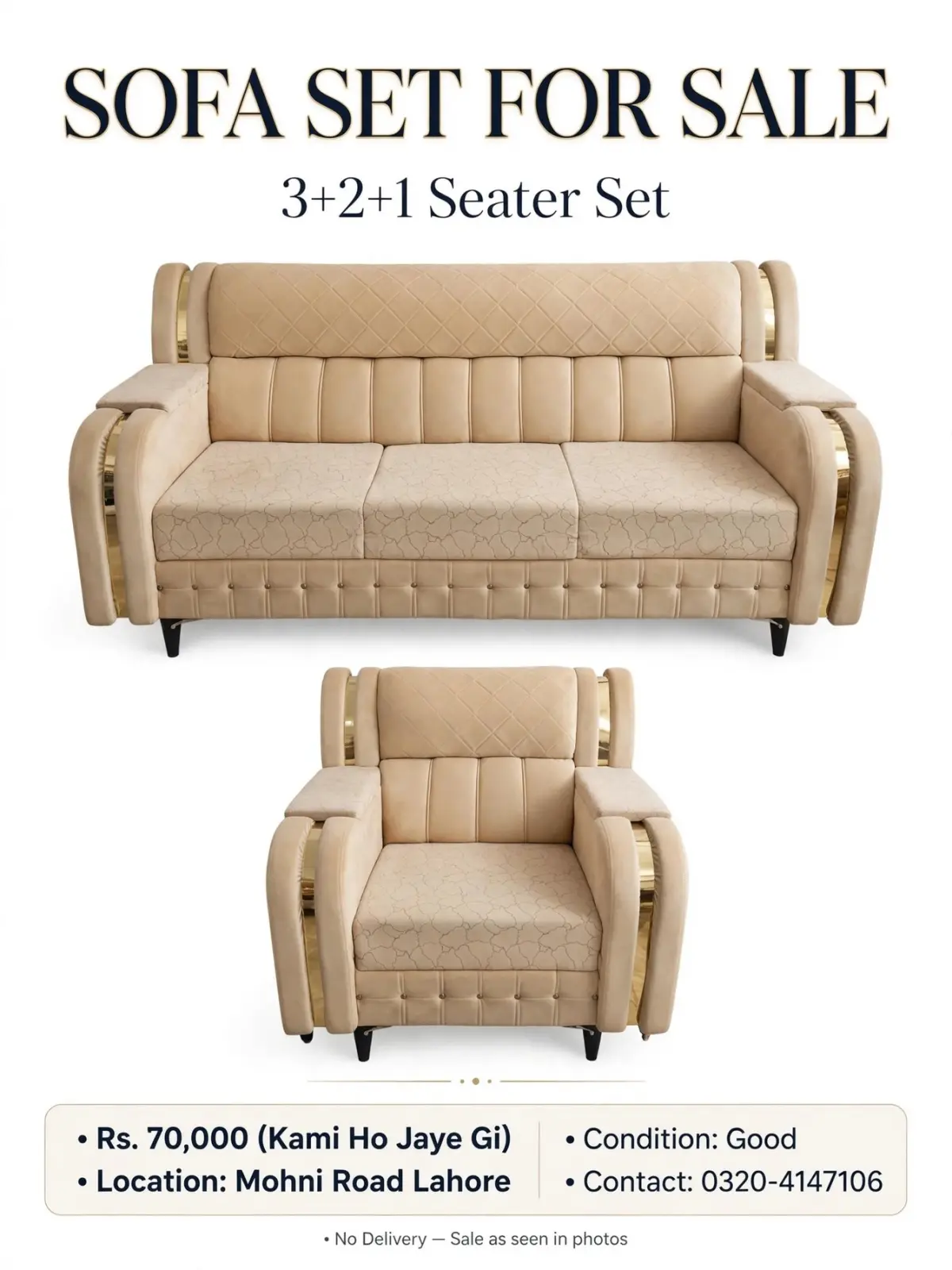 golden velvet sofa set 3+2+1 in Data Darbar, Lahore