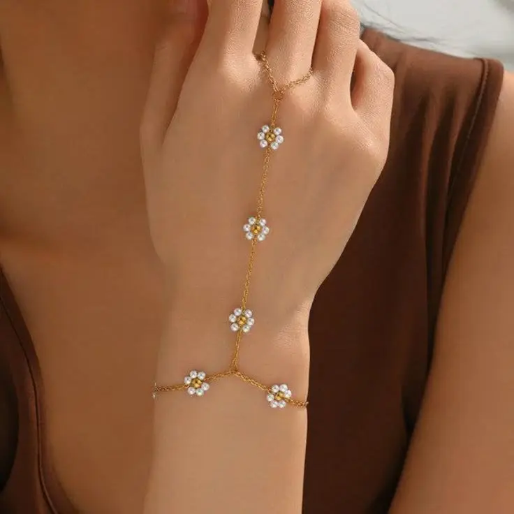 Elegant Golden Hand Chain Bracelet with White Pearls — photo 3