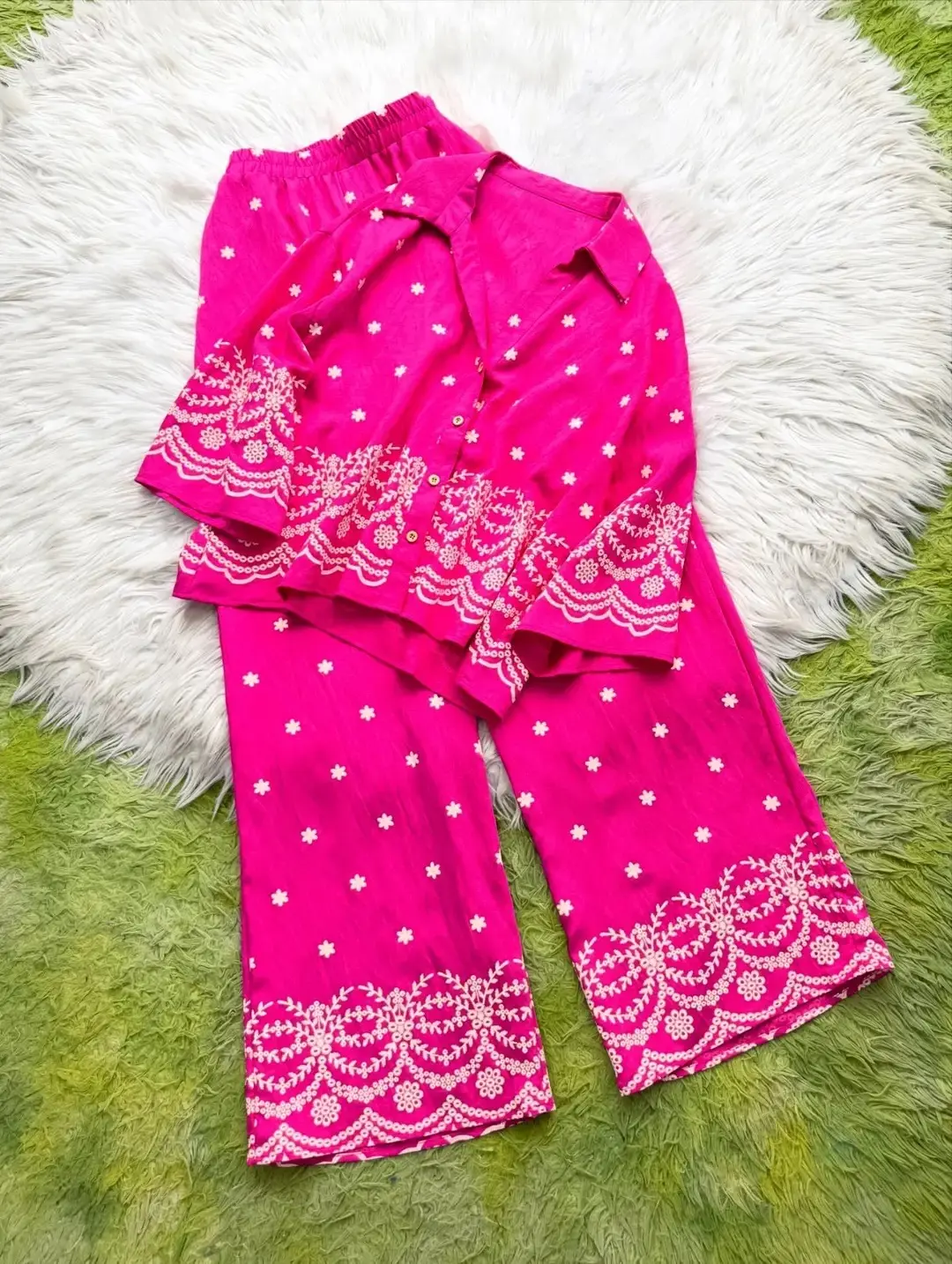 2 pcs women’s stitched cotton embroidered shirt and trouser in Lahore