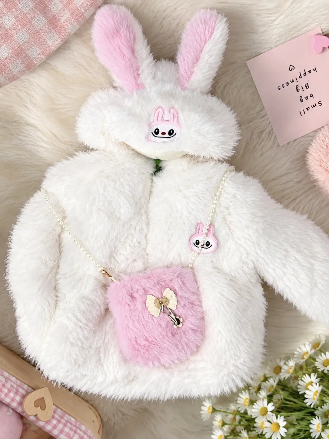 Adorable Bunny Ears Plush Hooded Fur Coat with Pearl Crossbody Bag for Baby Girls – Ultra-Soft Winte in Lahore