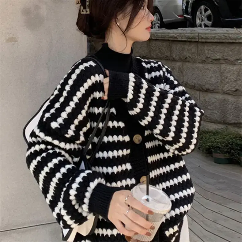 Chanel style striped knit cardigan women autumn in Lahore