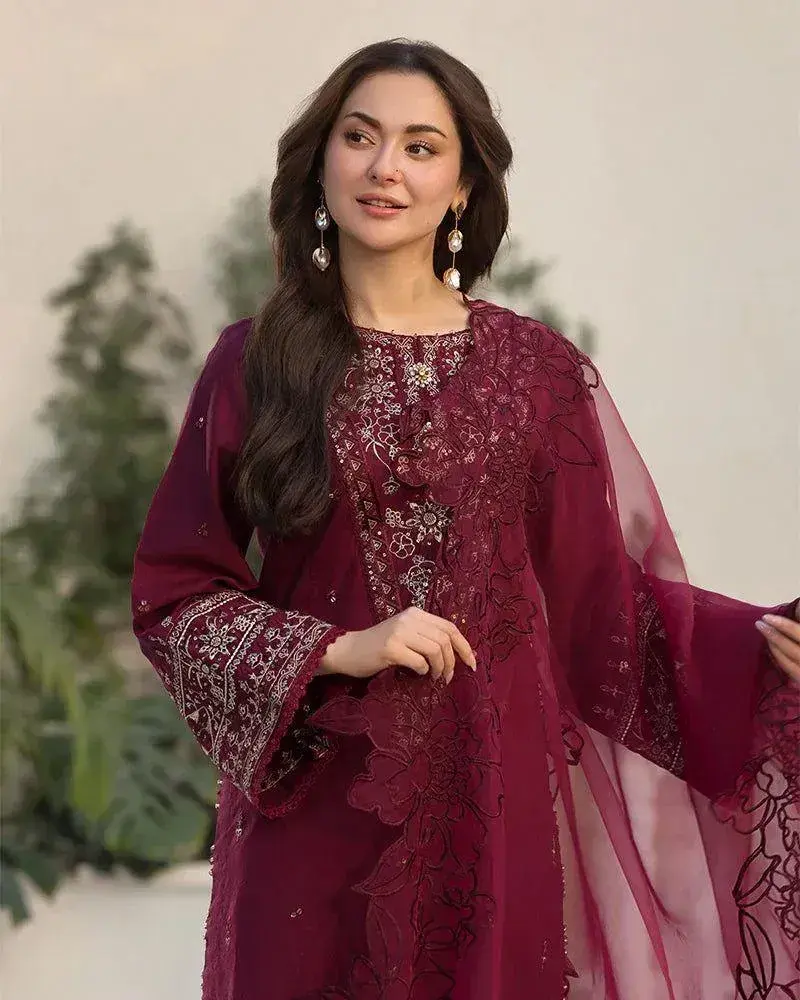 Maroon embroidered 3 piece lawn suit for women — photo 3