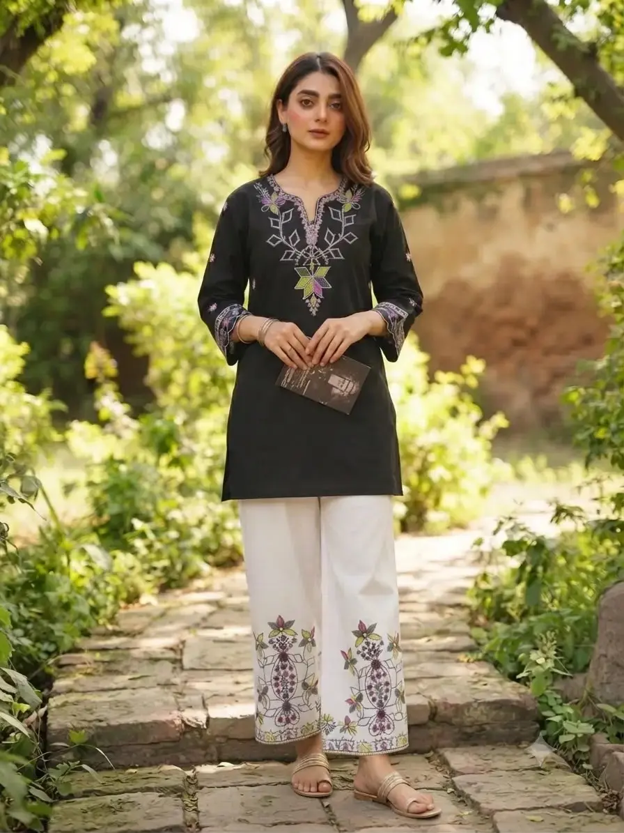 2 pcs women’s stitched cotton embroidered shirt and trouser in Lahore