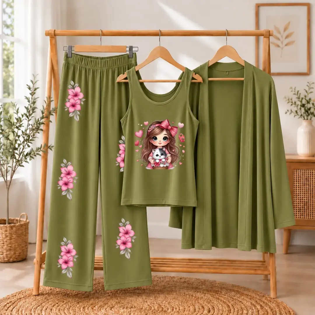 3 pcs women’s stitched jersey printed night suit — photo 5
