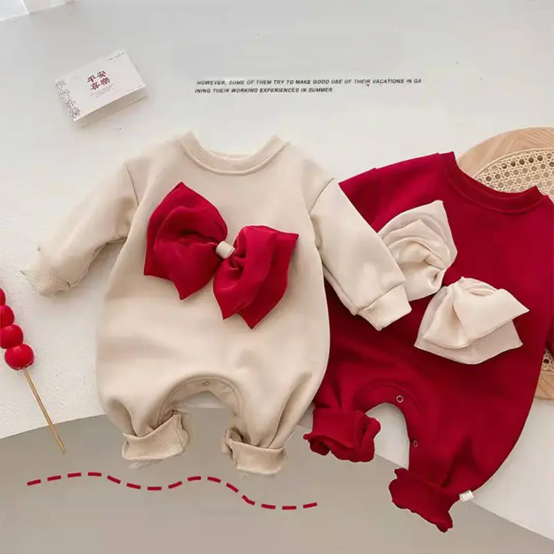 Korean style fleece lined baby romper with bow — photo 2