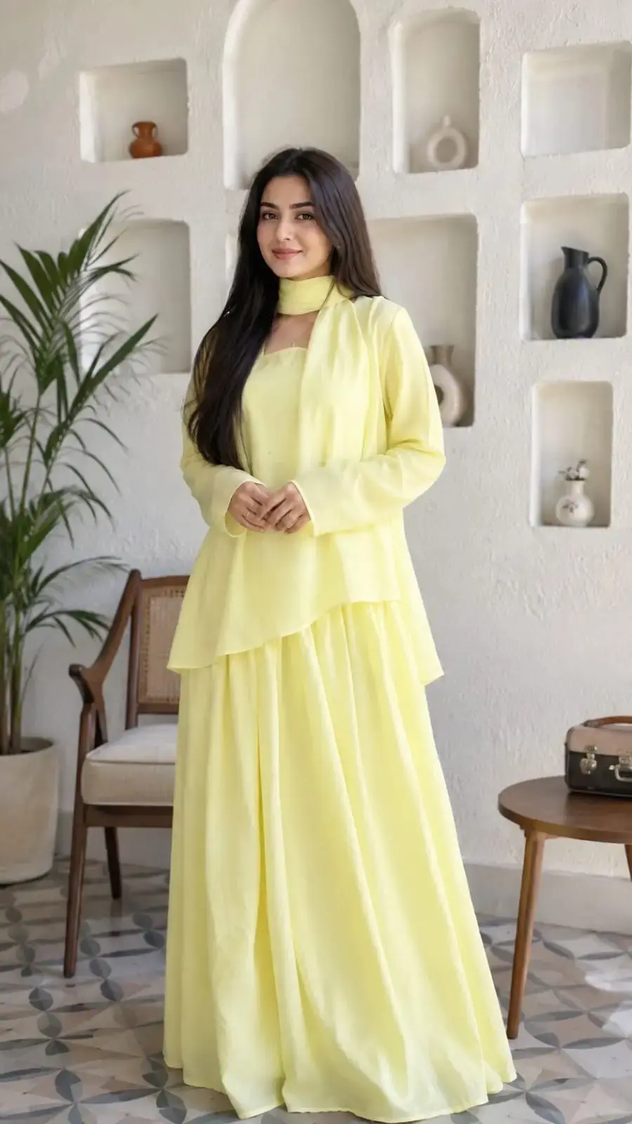3 pcs women’s stitched georgette plain suit in Lahore