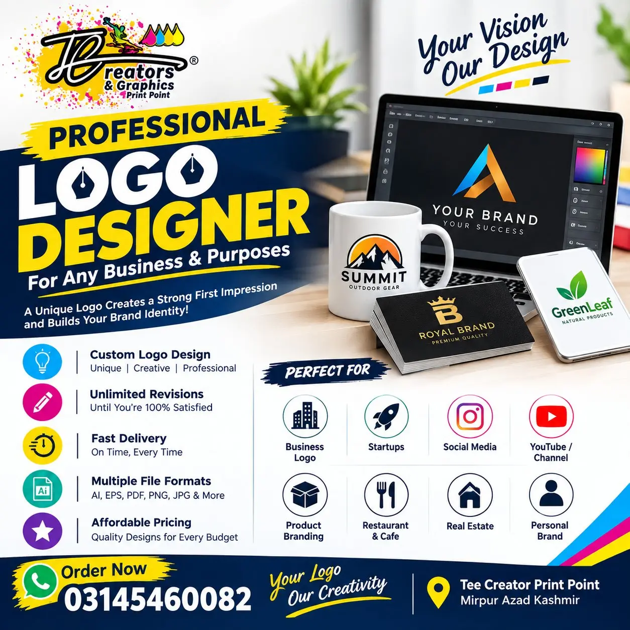 Professional logo design services in Mirpur, Azad Kashmir by Tee Creators & Graphics Print Point in Sector C-3