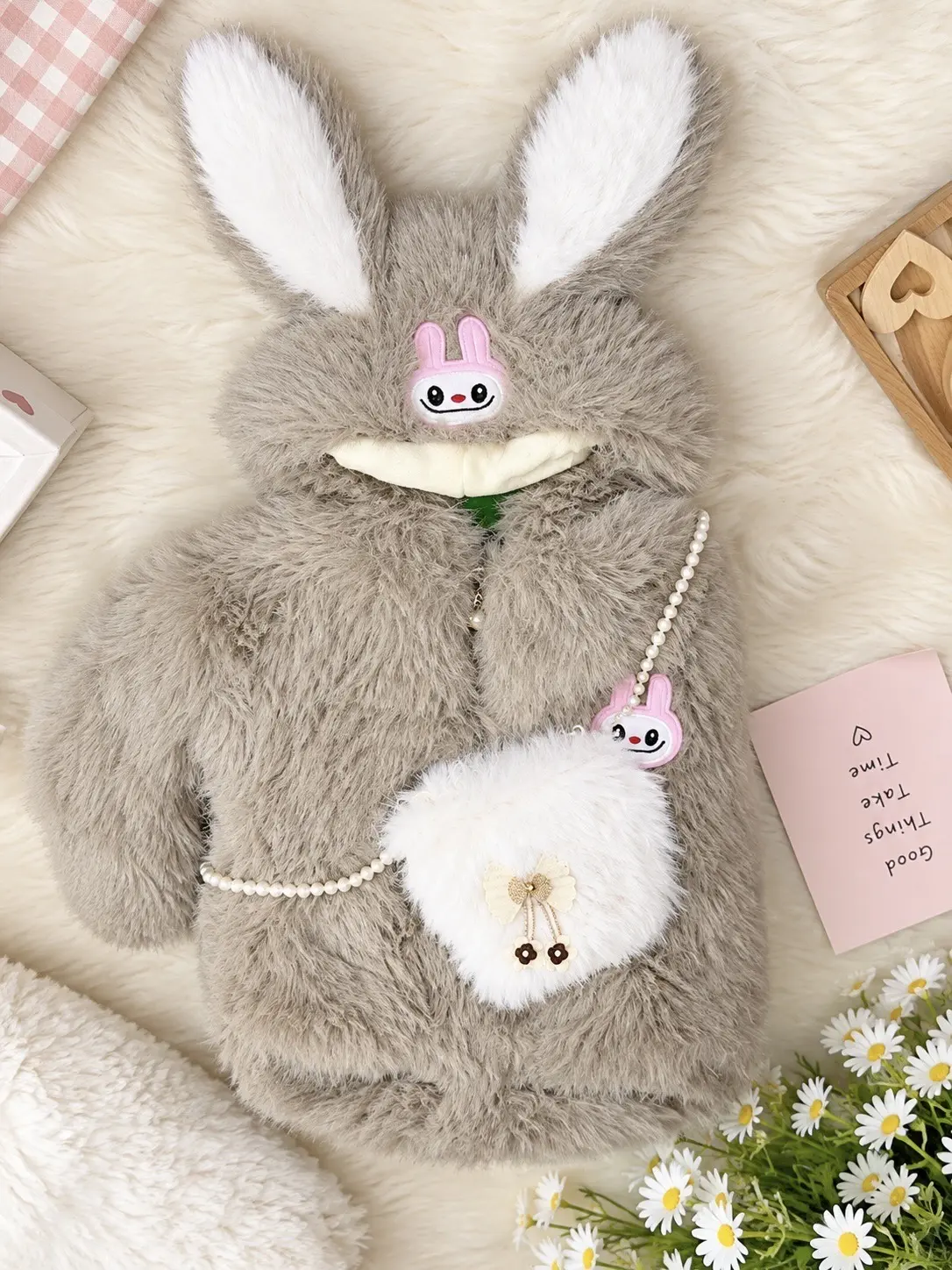 Adorable Bunny Ears Plush Hooded Fur Coat with Pearl Crossbody Bag for Baby Girls – Ultra-Soft Winte — photo 2
