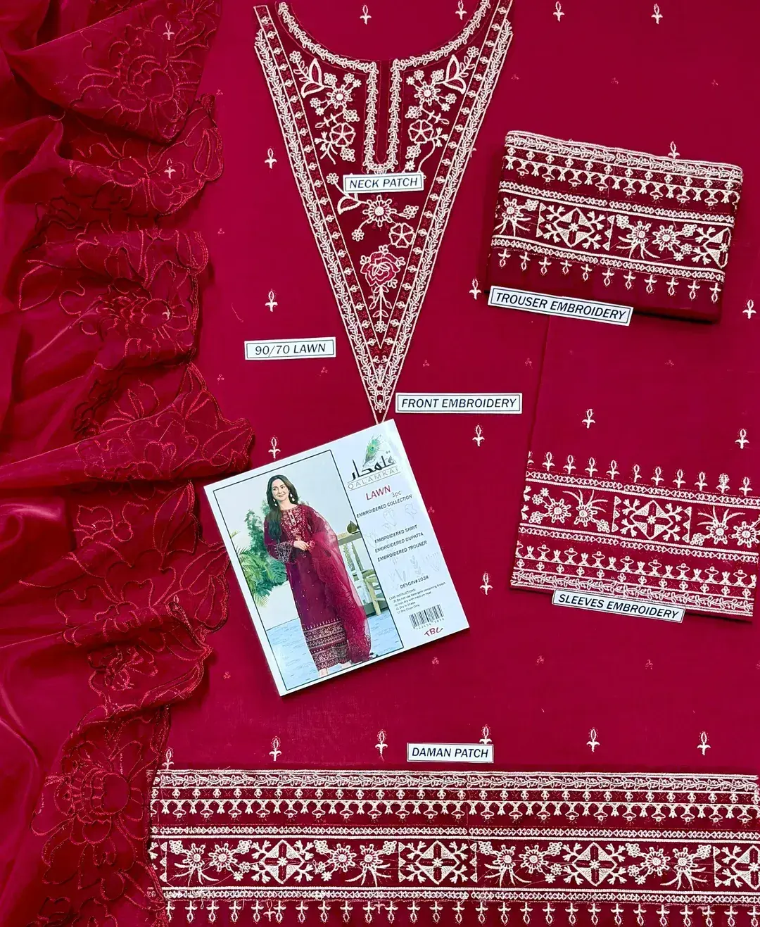 Maroon embroidered 3 piece lawn suit for women — photo 5