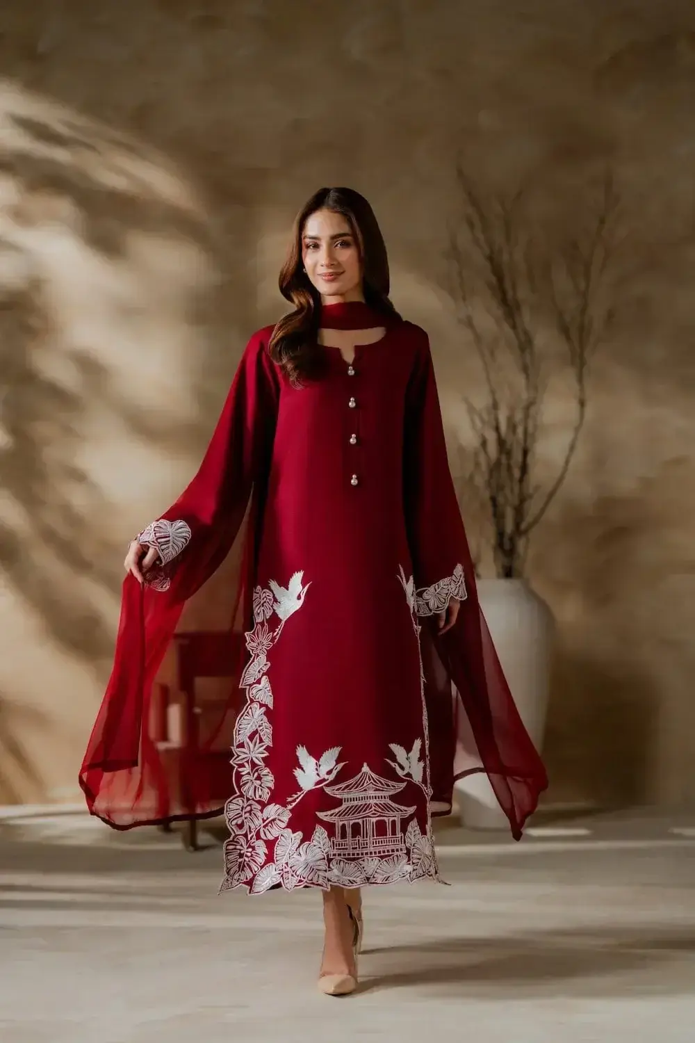 Elegant Maroon 3 pcs women’s stitched linen suit with embroidered details — photo 2