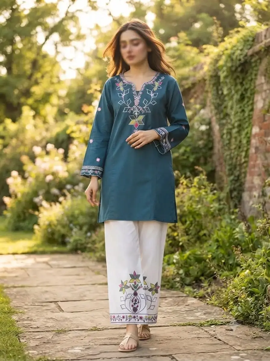 2 pcs women’s stitched cotton embroidered shirt and trouser — photo 4