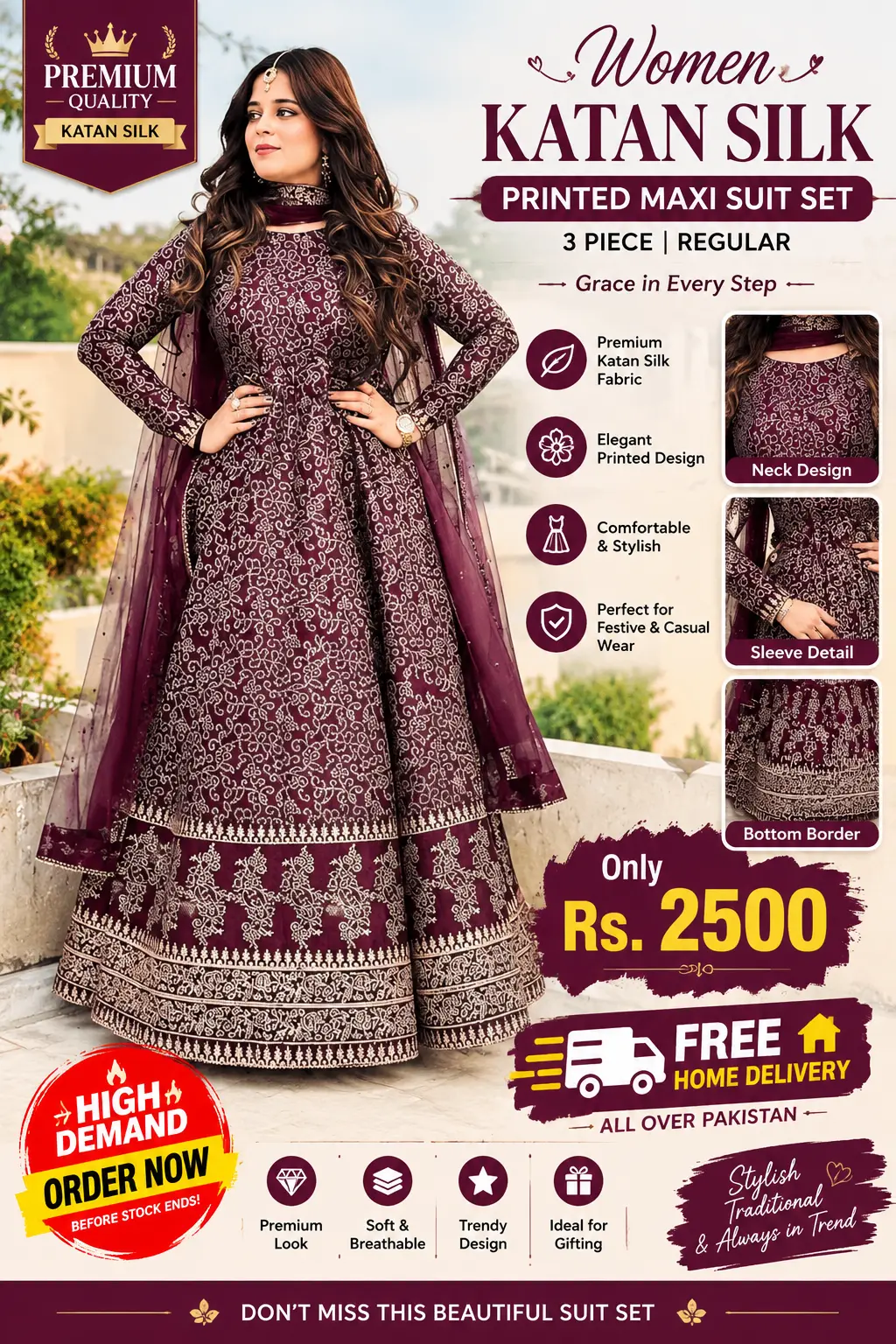 Women’s Premium Katan Silk Printed Maxi Suit – 3 Piece Stitched Set in Blue Area, Islamabad