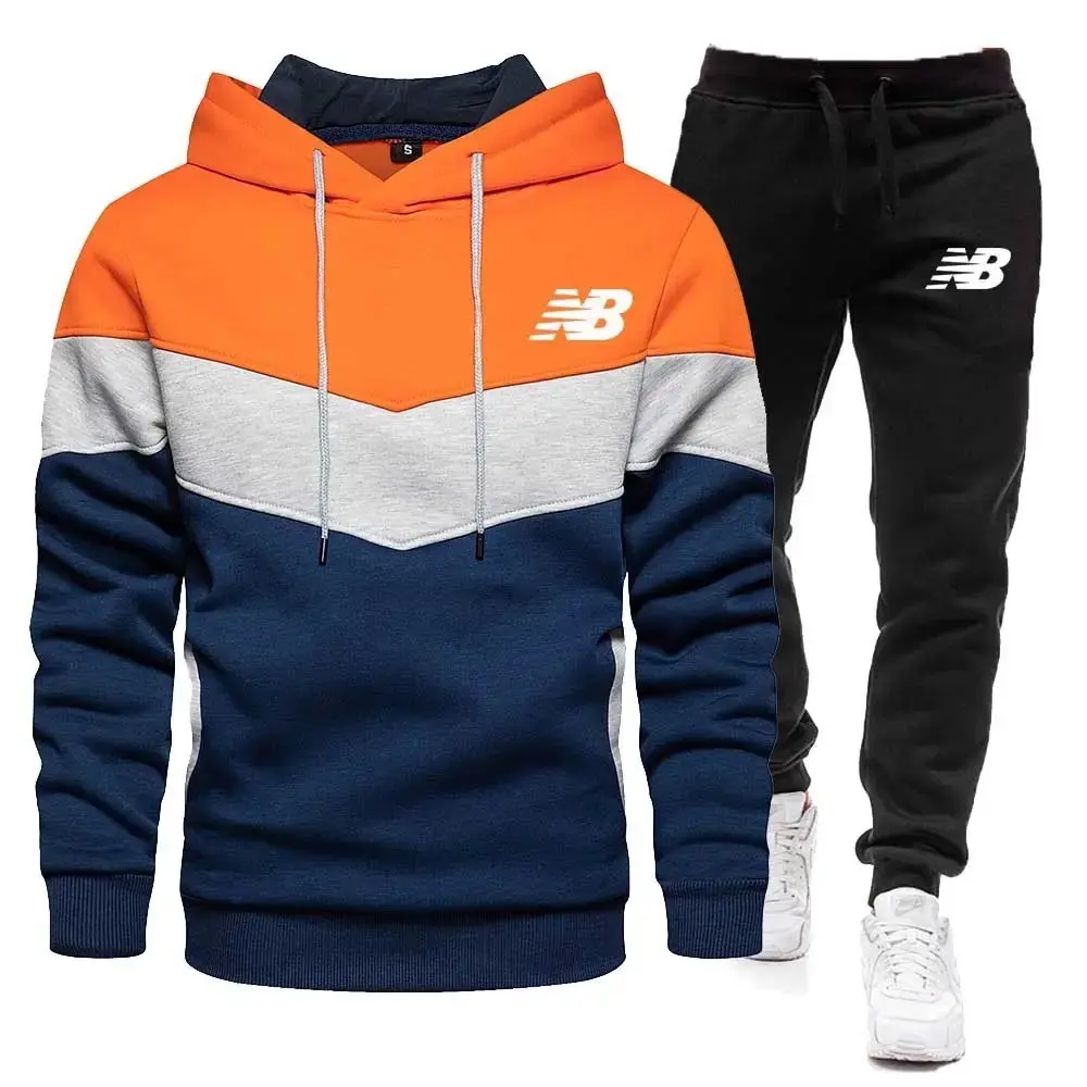 Men color- block hoodie & sweatpants set white nevy gray — photo 2
