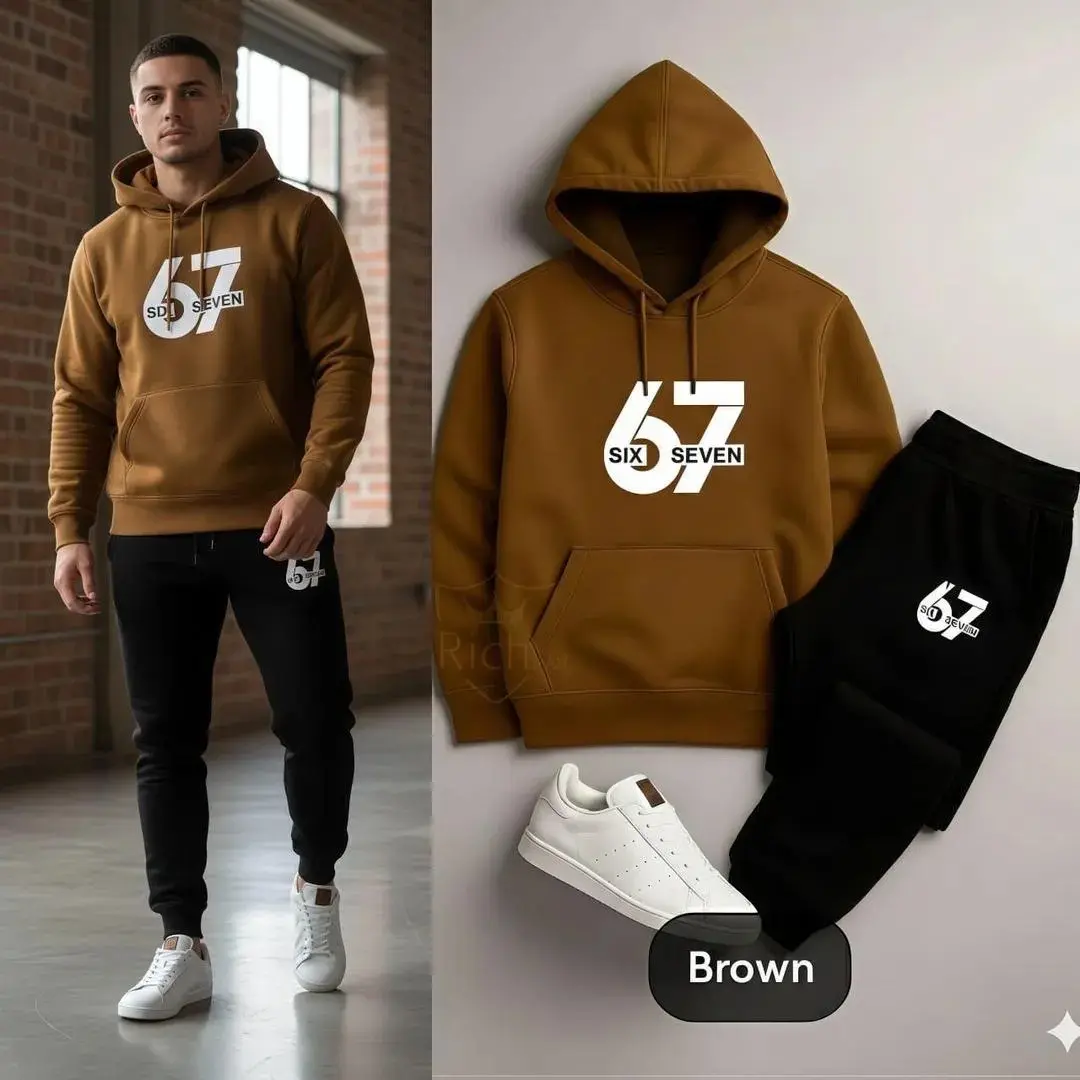 men brown fleece hoodie track suit with 67 logo in Lahore