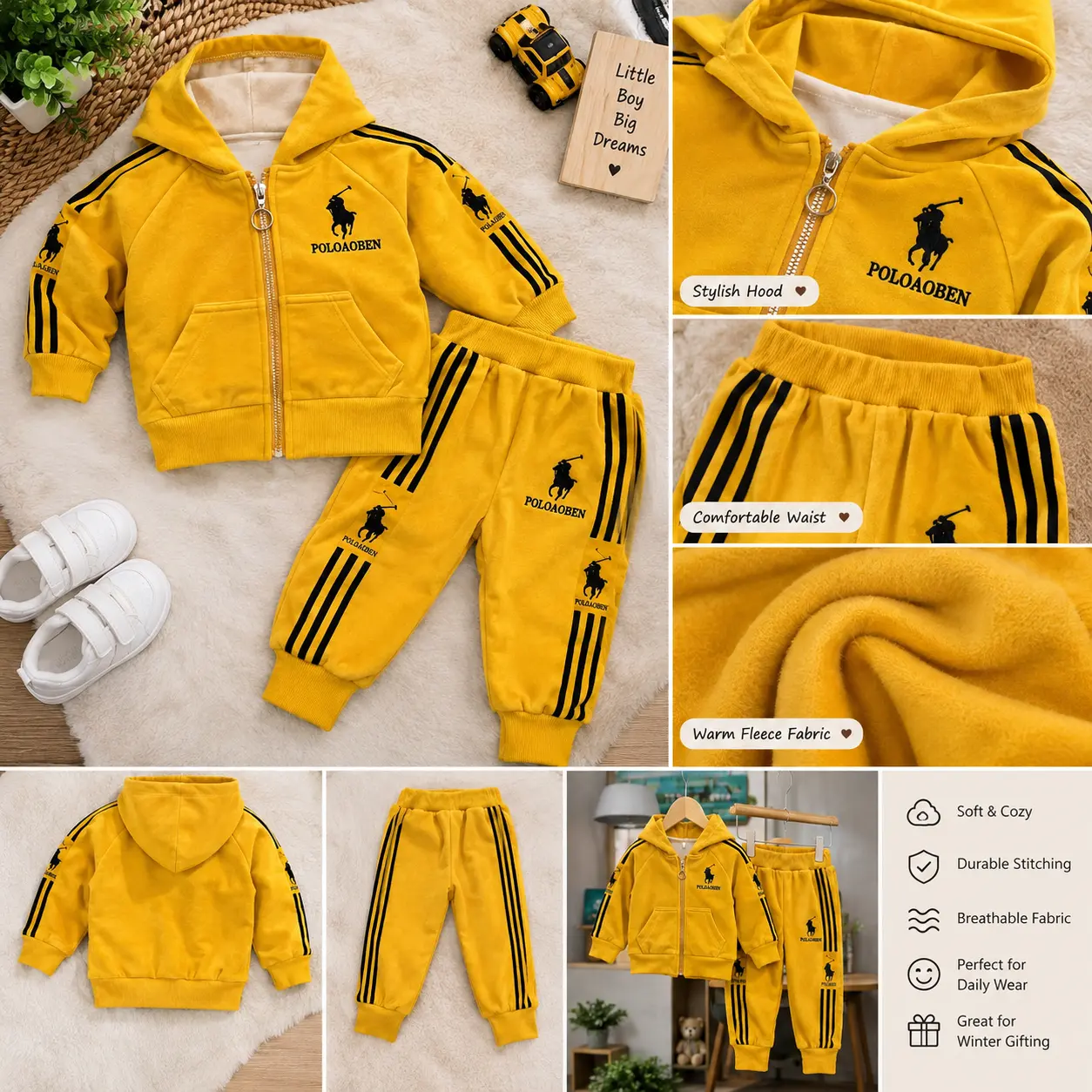 Boys Premium Velour Fleece Tracksuit Set – Mustard Yellow Hooded Zipper Jacket & Matching Trousers — photo 2