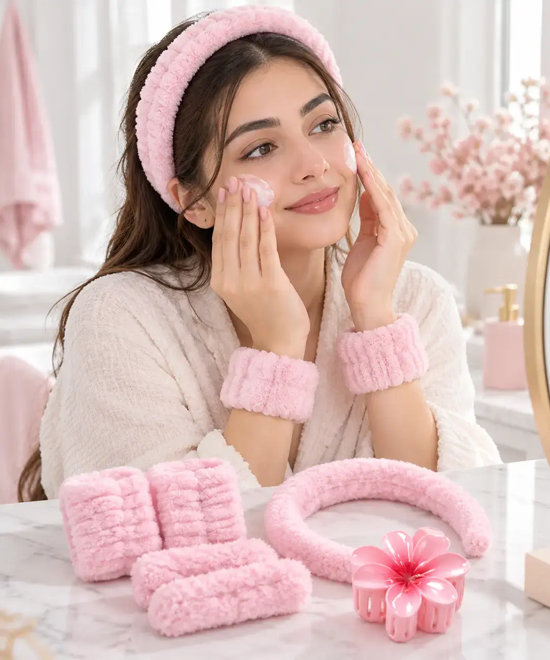 Fluffy skincare headband & wristband set with flower hair clip cute face washing accessories — photo 2