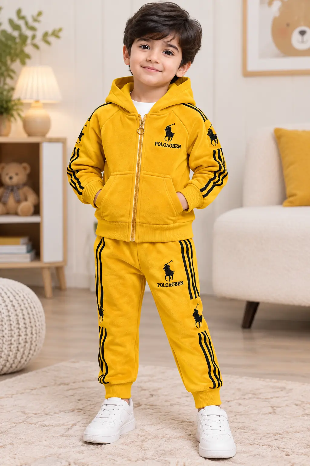 Boys Premium Velour Fleece Tracksuit Set – Mustard Yellow Hooded Zipper Jacket & Matching Trousers in Lahore