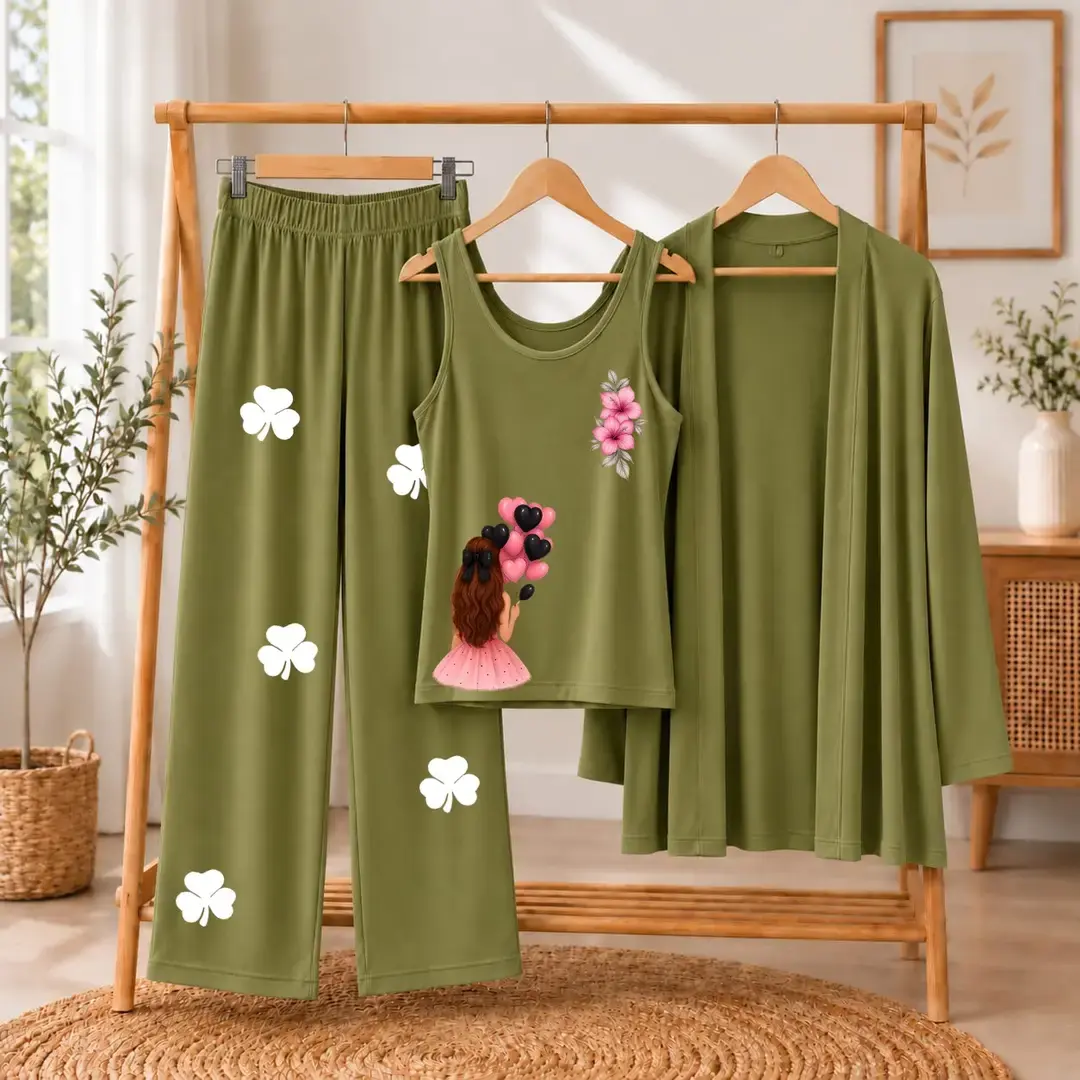 3 pcs women’s stitched jersey printed night suit — photo 2