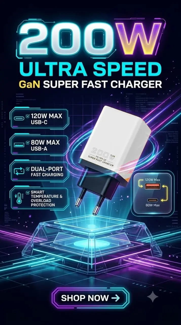 200W PD + USB-A Fast Charging Adapter! in Lahore