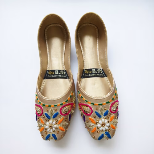 Handcrafted Khussa for Women Featuring Multicolored Floral Thread Work and Pearl Embellishments with Padded Comfort Sole for Weddings Mehndi and Festive Events